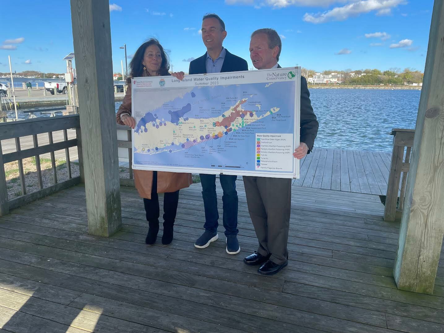 Speakers at the Oct. 31 press conference, from left to right: Adrienne Esposito, director of Citizens Campaign for the Environment; Chris Gobler, professor at Stony Brook University; and Peter Scully, deputy executive of Suffolk County.
